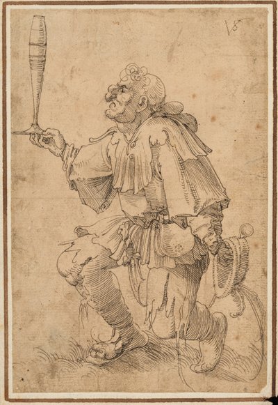 Un hombre grotesco arrodillado, sosteniendo un vaso alto de cerveza en su base de Albrecht Dürer