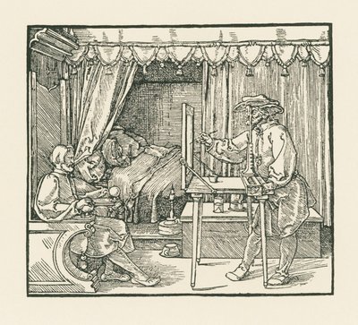 Un artista dibuja a un hombre sentado en un plano de cristal a través de una veleta de Albrecht Dürer or Duerer