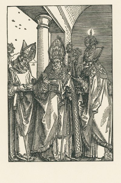 El obispo San Nicolás, los santos Ulrico y Erasmo, c.1505 (xilografía) de Albrecht Dürer or Duerer