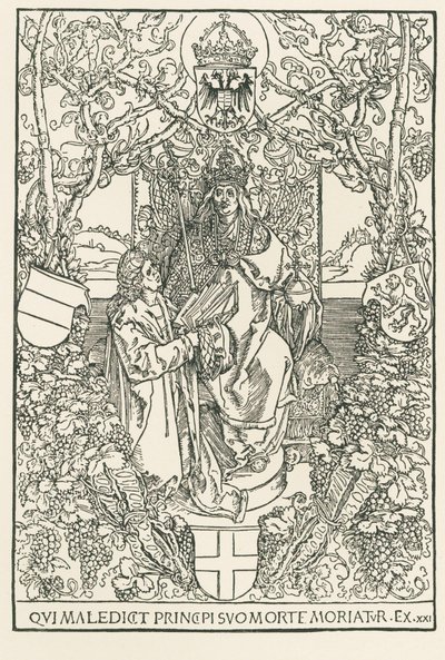 Celtas presenta su obra al emperador Maximiliano, impreso para la Sodalitas Celtica, Nuremberg. de Albrecht Dürer or Duerer