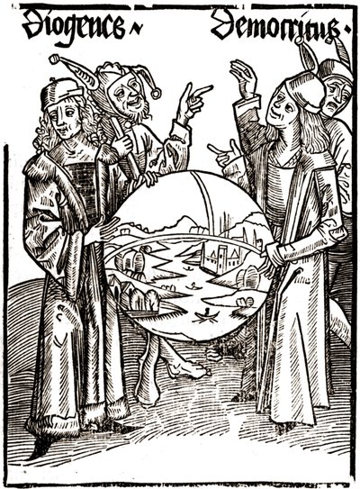 Diógenes (-413 - -327) y Demócrito (-460 - -370) - en “Das Narrenschif (El barco de los locos)” de Sébastien Brandt (1458 - 1521). Grabado. de Albrecht Dürer