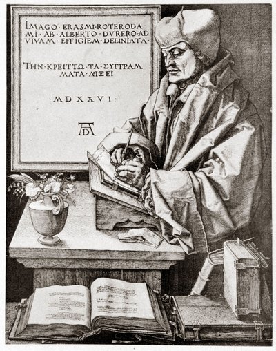 Erasmo escribiendo - grabado por Albrecht Durer reproducido a principios del siglo XX de Albrecht Dürer
