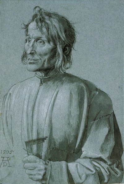 Retrato de un arquitecto (Hieronimus von Augsbourg) - Retrato de un arquitecto (Hieronymus von Augsburg) - Dibujo de Albrecht Durer (1471-1528), Pluma, pincel, tinta negra y color blanco sobre papel azul oscuro 1506 (39,1x26,6 cm) - Museos Estatales, Berlí de Albrecht Dürer