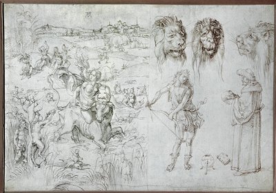 Violación de Europa, cabezas de león, arquero, sabio, calavera (dibujo) de Albrecht Dürer or Duerer