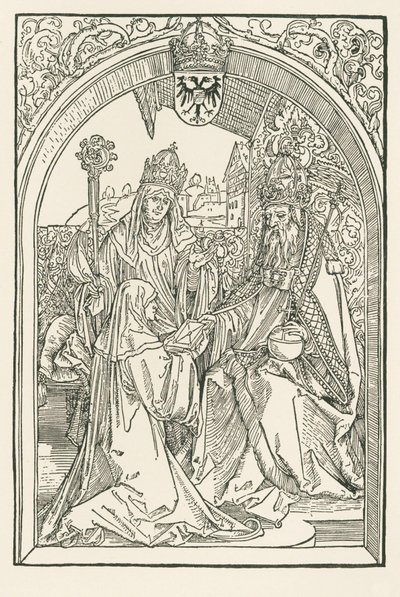 Roswitha, en presencia de su sobrina Gerba, abadesa de Gandersheim, presenta sus obras al emperador Otón I de Albrecht Dürer or Duerer