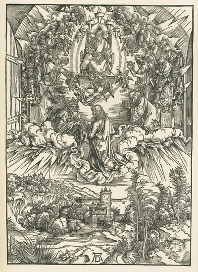 San Juan ante Dios y los veinticuatro Ancianos en el Cielo. El Apocalipsis de San Juan, c.1496 (xilografía) de Albrecht Dürer or Duerer
