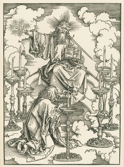 La visión de San Juan de Cristo y los siete candeleros. El Apocalipsis de San Juan Divino, c.1496-98 (xilografía) de Albrecht Dürer or Duerer