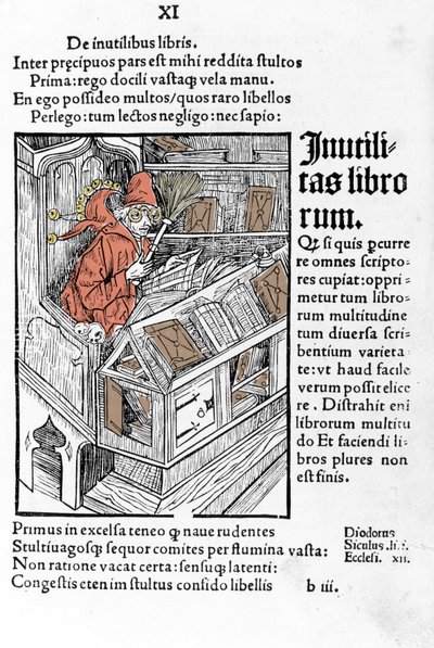 Sabio en su oficina. Lleva un par de gafas. Xilografía de Durero en “das narrenschiff” por Sebastiano Brandt de Albrecht Dürer
