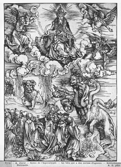 Escena del Apocalipsis, El dragón de siete cabezas y diez cuernos de Albrecht Dürer