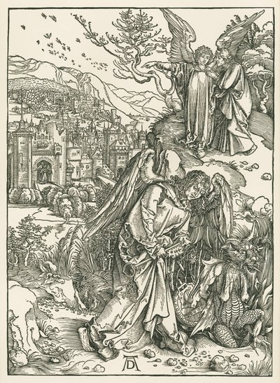 El Ángel de la Llave arrojando al Dragón al Abismo y otro Ángel mostrando a San Juan la Nueva Jerusalén, c.1497-98 (xilografía) de Albrecht Dürer or Duerer