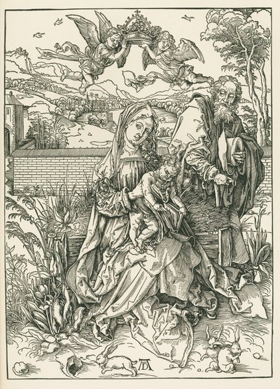 La Sagrada Familia con tres liebres, c.1497 (xilografía) de Albrecht Dürer or Duerer