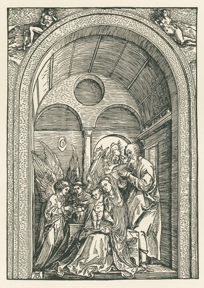 La Sagrada Familia con dos ángeles en un pórtico, c.1503-04 (xilografía) de Albrecht Dürer or Duerer