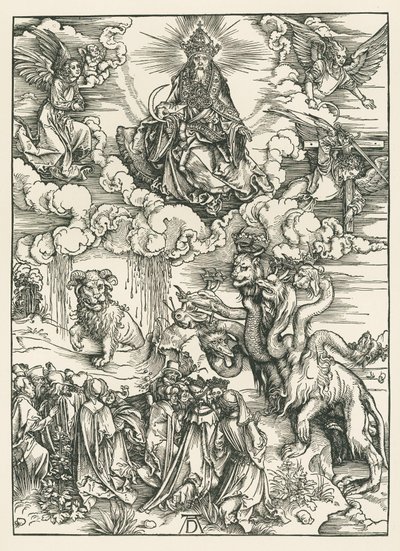 El monstruo marino y la bestia con los cuernos del cordero. El Apocalipsis de San Juan, c.1496-97 (xilografía) de Albrecht Dürer or Duerer