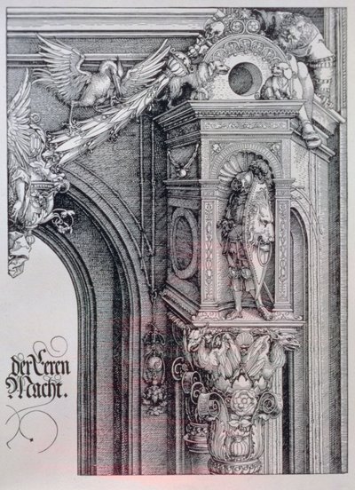 El Arco Triunfal del Emperador Maximiliano I (1459-1519): (detalle) del arco central (la Puerta del Honor y el Poder) mostrando un capitel de columna foliado y animado que sostiene a un caballero de pie en un nicho arquitectónico, una figura sosteniendo un de Albrecht Dürer