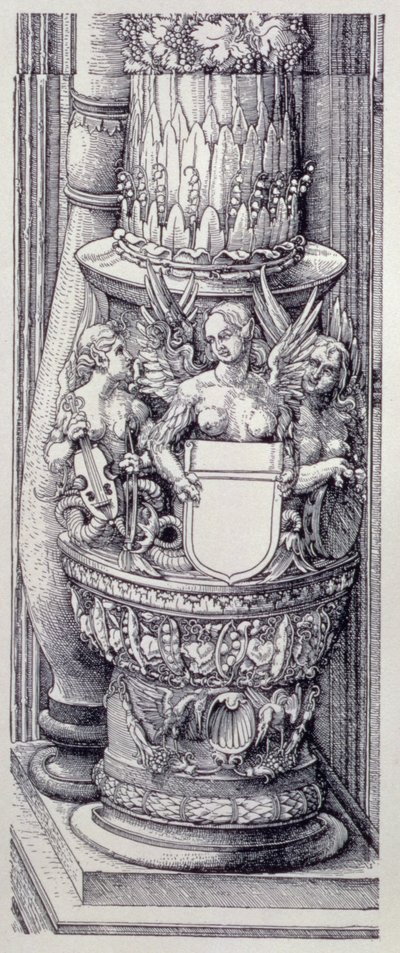 El Arco Triunfal del Emperador Maximiliano I de Alemania (1459-1519): detalle de las Puertas de Honor y Poder centrales, base de la columna izquierda adornada con bandas de follaje y grifos femeninos alados, fechado en 1515, pub. 1517/18 (xilografía) de Albrecht Dürer