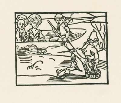 La duquesa está en una barca en el agua donde el sacerdote está lavando su ropa interior, c.1489-90 (xilografía) de Albrecht Dürer or Duerer