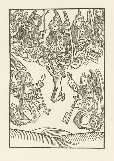 Los siete ángeles con una cruz y las seis llaves, con las que abrieron el Cielo a las seis obras de Misericordia, reciben un alma en el Cielo de Albrecht Dürer or Duerer
