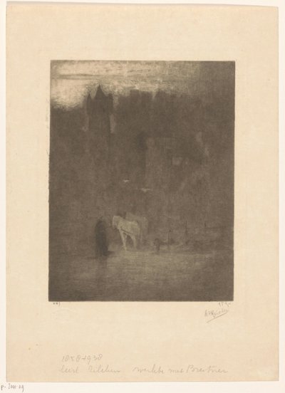 Figura y dos caballos cerca de un castillo en la niebla de Albrecht Felix Reicher (signed by artist)