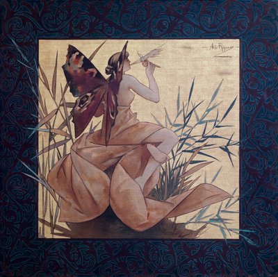 Composición con una ninfa alada entre los juncos - Pintura de Alexandre de Riquer i Ynglada (1856-1920) de Alejandro de Riquer