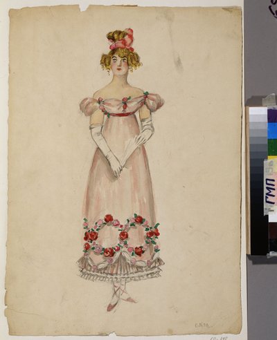 Vestido con guirnaldas de flores. Proyecto de vestuario para la ópera "Eugene OneGuine". de Aleksandr Aleksandrovich Osmerkin