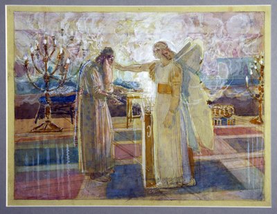 Arcángel Gabriel golpea a Zacharias mudo - Obra de Alexander Andreyevich Ivanov (1806-1858), acuarela y blanco sobre papel (26,2x39,9 cm), finales de 1840 - (Arcángel Gabriel golpea a Zacharias mudo, acuarela y blanco sobre papel de Alexander Andreyevich I de Aleksandr Andreevich Ivanov