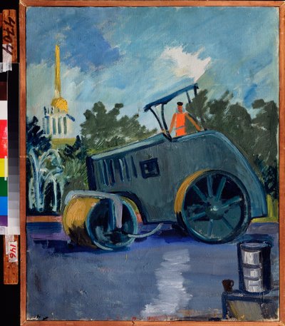Asfaltado. (Una máquina colocando asfalto en una calle). Pintura de Alexander Isaakovich Rusakov (1898-1952), óleo sobre lienzo. de Aleksandr Isaakovich Rusakov