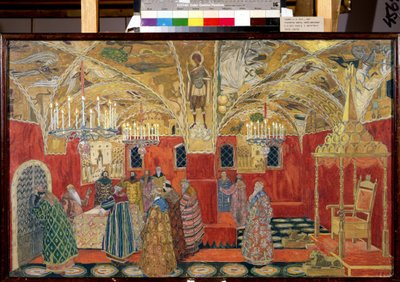 En el Kremlin. Dibujo preparatorio para la ópera Boris Godunov de Modeste Mussorgsky (1839-1881) (En el Kremlin. Escenografía para la ópera Boris Godunov de M.Mussorgsky). Obra de Alexander Yakovlevich Golovin (Alexander Golovin) (1863-1930), acuarela y de Aleksandr Jakovlevic Golovin