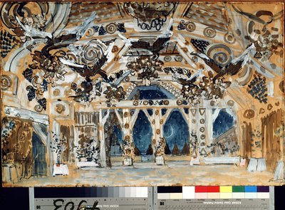 Decor pour la piece de theatre La Dame de la mer de Henrik (Henri) Johan Ibsen (1828-1906) (Escenografía para la obra de teatro La dama del mar de H. Ibsen). Oeuvre de Alexander Yakovlevich Golovin (Alexandre Golovine) (1863-1930), pastel sobre cartón de Aleksandr Jakovlevic Golovin