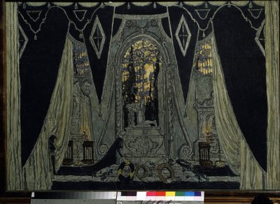 Decoración para la ópera ""Le guest de pierre"" de Alexandre Dargomyjski (1813-1869) (Escenografía para la ópera The stone Guest de A. Dargomyzhsky). Obra de Alexander Yakovlevich Golovin (Alexander Golovin) (1863-1930), óleo sobre madera de Aleksandr Jakovlevic Golovin