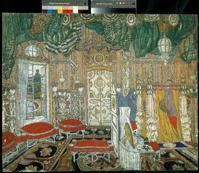 Decoración preparatoria para la obra de teatro Las bodas de Fígaro de Pierre Augustin Caron de Beaumarchais (1732-1799) (Escenografía para la obra de teatro Las bodas de Fígaro de P. de Beaumarchais). Pintura de Alexander Yakovlevich Golovin (Alexander Gol de Aleksandr Jakovlevic Golovin