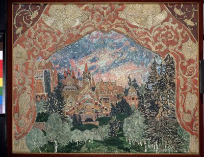 Decoración preparatoria para la ópera El espejo mágico de Arseny Korechchenko (1870-1921) (Escenografía para la ópera El espejo mágico de A.Koreshchenko). Descripción de un pueblo ruso en el bosque, enmarcado por cortinas decoradas. Obra de Alexander Yakov de Aleksandr Jakovlevic Golovin