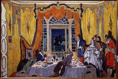 Decoración preparatoria para la ópera ""Le guest de pierre"" de Alexandre Dargomyjski (1813-1869) (Escenografía para la ópera The Stone Guest, de A. Dargomyzhsky). Pintura de Alexander Yakovlevich Golovin (Alexander Golovin) (1863-1930), óleo sobre madera de Aleksandr Jakovlevic Golovin