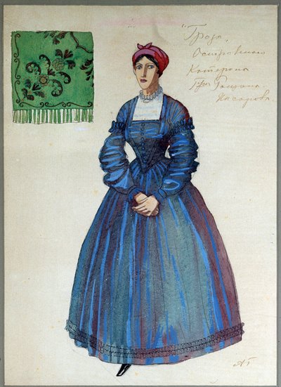 Diseño de Vestuario para la obra La Tormenta de Alexandre Ostrovski (1823-1886) (Diseño de Vestuario para la obra La Tormenta de A.Ostrovsky). Obra de Alexander Yakovlevich Golovin (Alexander Golovin) (1863-1930), lápiz, tinta, acuarela, gouache y oro sobr de Aleksandr Jakovlevic Golovin