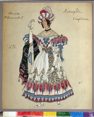 Diseño de Vestuario para la obra le bal masque de Mikhail Lermontov (1814-1841) (Diseño de Vestuario para la obra La Mascarada de M.Lermontov). Obra de Alexander Yakovlevich Golovin (Alexander Golovin) (1863-1930), acuarela, gouache, tinta y lápiz sobre pa de Aleksandr Jakovlevic Golovin