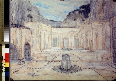Escenografía para la tragedia Antígona según Sófocles (496 a. C.-406 a. C.) (Escenografía para la tragedia Antígona según Sófocles). Una plaza pública rodeada de edificios antiguos, enmarcada en un paisaje de montaña. el trabajo de alejandro de Aleksandr Jakovlevic Golovin