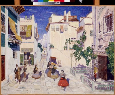 Une rue a Sevilla (España), Decoración para la ópera Carmen de Georges Bizet (1838-1875) (Una calle de Sevilla, Escenografía para la ópera Carmen de G.Bizet). Obra de Alexander Yakovlevich Golovin (Alexander Golovin) (1863-1930), témpera sobre papel de Aleksandr Jakovlevic Golovin
