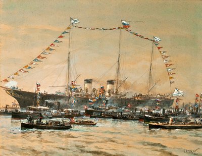 El emperador Nicolás II visitando su yate Polestar, 1908 de Aleksandr Karlovich Beggrov