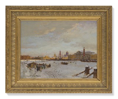 Vista sobre el Neva congelado, las columnas rostrales, la Catedral de San Isaac y el Almirantazgo, San Petersburgo de Aleksandr Karlovich Beggrov