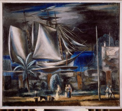 Puerto marítimo de noche (Un gran velero amarrado en el Mar Negro) - Pintura de Alexander Vasilyevich Shevchenko (Alexander Shevchenko) (1883-1948), óleo sobre lienzo de Aleksandr Vasilievich Shevchenko