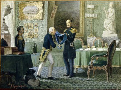 El emperador Nicolás I de Rusia (1796-1855) entrega la Cinta Azul de la Orden de San Andrés al Conde Mikhail Speranski (1772-1839). (El emperador Nicolás I otorga la cinta azul de la Orden de San Andrés al conde Michail Speransky). Obra de Alexei Danilovic de Aleksei Danilovich Kivshenko