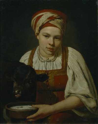 Una campesina con un ternero, finales de la década de 1820 de Aleksei Gavrilovich Venetsianov
