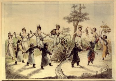 Alegoría de los doce meses del año. (Alegoría De Los Doce Meses Del Año). Doce personajes (niño, mujer, hombre), cada uno distinguido por un accesorio simbólico o un detalle de su traje, dan vueltas alrededor de un anciano con corona, de Aleksei Gavrilovich Venetsianov