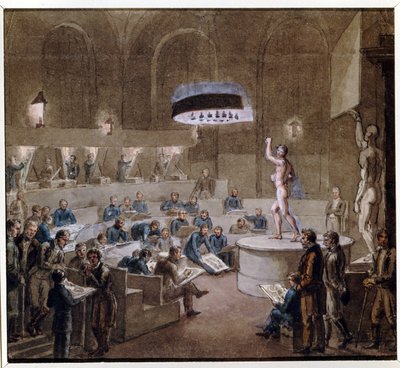 Lecciones basadas en modelos vivos en la Academia de las Artes (Clase modelo en la Academia de las Artes). Obra de Alexei (Alexis) Gavrilovich Venetsianov (1780-1847), acuarela sobre papel de Aleksei Gavrilovich Venetsianov