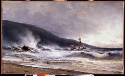 Ecume a Cap Martin (Francia) (Surf en Cap Martin). Pintura de Alexei Petrovich Bogolyubov (Bogoliubov o Bogolioubov) (1824-1896). Óleo sobre tela de Aleksei Petrovich Bogolyubov
