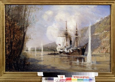 El destructor ruso Shutka atacando un barco turco el 16 de junio de 1877 (El destructor ruso Shutka atacando el barco turco el 16 de junio de 1877). Descripción de la batalla en el Estrecho del Bósforo entre la flota armada rusa y la del Imperio Otomano, de Aleksei Petrovich Bogolyubov
