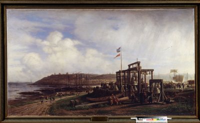 El mercado de Nizhny Novgorod, vendedor de campanas. (Mercado en Nizhny Novgorod, fila de puestos de campana). Pintura de Alexei Petrovich Bogolyubov (Bogoliubov o Bogolioubov) (1824-1896). Óleo sobre tela de Aleksei Petrovich Bogolyubov