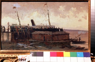 ""Vista de un barco de vapor en el muelle de un puerto"" Pintura de Alexei Petrovich Bogolyubov (Bogoliubov o Bogoliubov) (1824-1896) 1874 State United Art Museum, Kostroma, Rusia de Aleksei Petrovich Bogolyubov