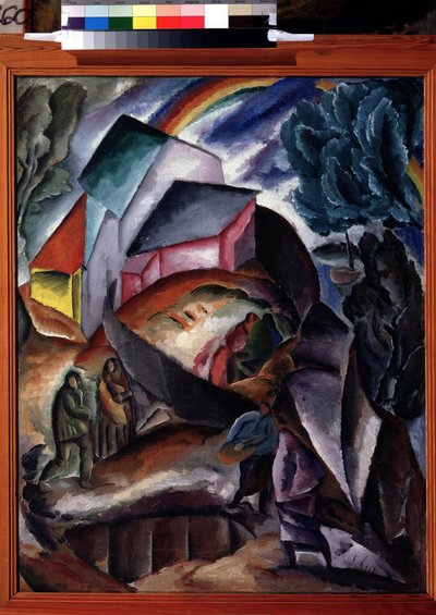 Arcoíris. Paisaje de montaña con un pueblo y figuras, coronado por un arco iris. Pintura de Alexei Ilyich Kravchenko (1889-1940), óleo sobre lienzo, hacia 1920. Vanguardia rusa, paisaje de principios del siglo XX. galería estatal tretyakov, de Aleksey Kravchenko
