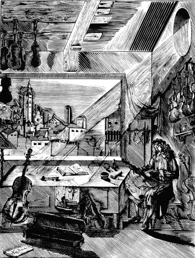 Fabricante de instrumentos musicales italiano Antonio Stradivari en su taller, 1926 de Aleksey Kravchenko