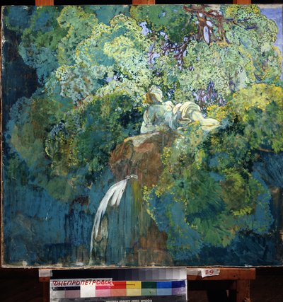 En un lago (En un estanque). Una estatua, sumergida en la vegetación, supera una cascada. Pintura de Alexei Ilyich Kravchenko (1889-1940), óleo sobre lienzo de Aleksey Kravchenko
